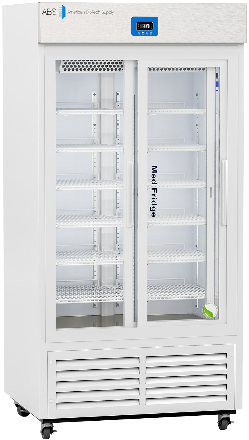 A white, double-door medical refrigerator on wheels with glass sliding doors, multiple adjustable wire shelves, a digital temperature display at the top, and Med-Fridge labeled vertically on the right door. The unit appears empty.