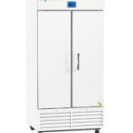 A large, white, double-door medical refrigerator on wheels, showing “ABS” branding at the top left, a digital temperature display at the top center, and “Med Fridge” written on the right door. Vents are at the bottom and there are handles on each door.