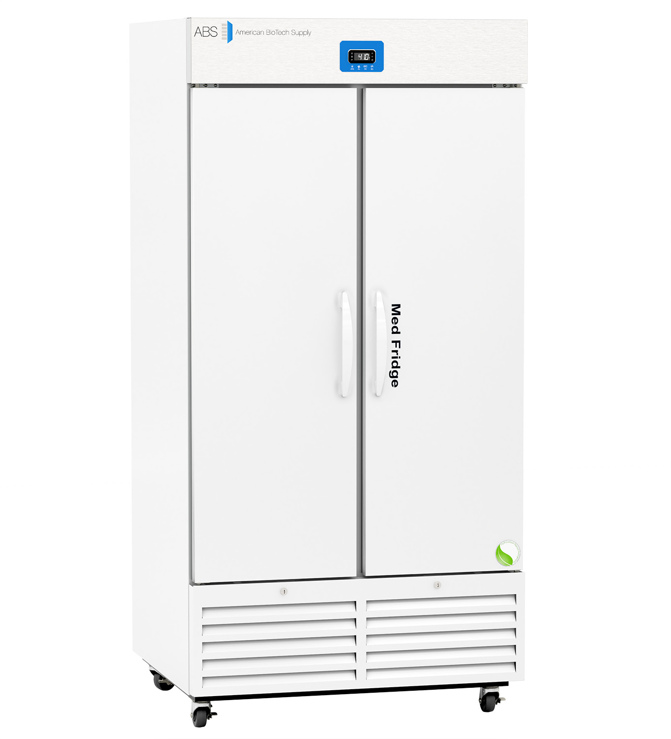 A large, white, double-door medical refrigerator on wheels, showing “ABS” branding at the top left, a digital temperature display at the top center, and “Med Fridge” written on the right door. Vents are at the bottom and there are handles on each door.