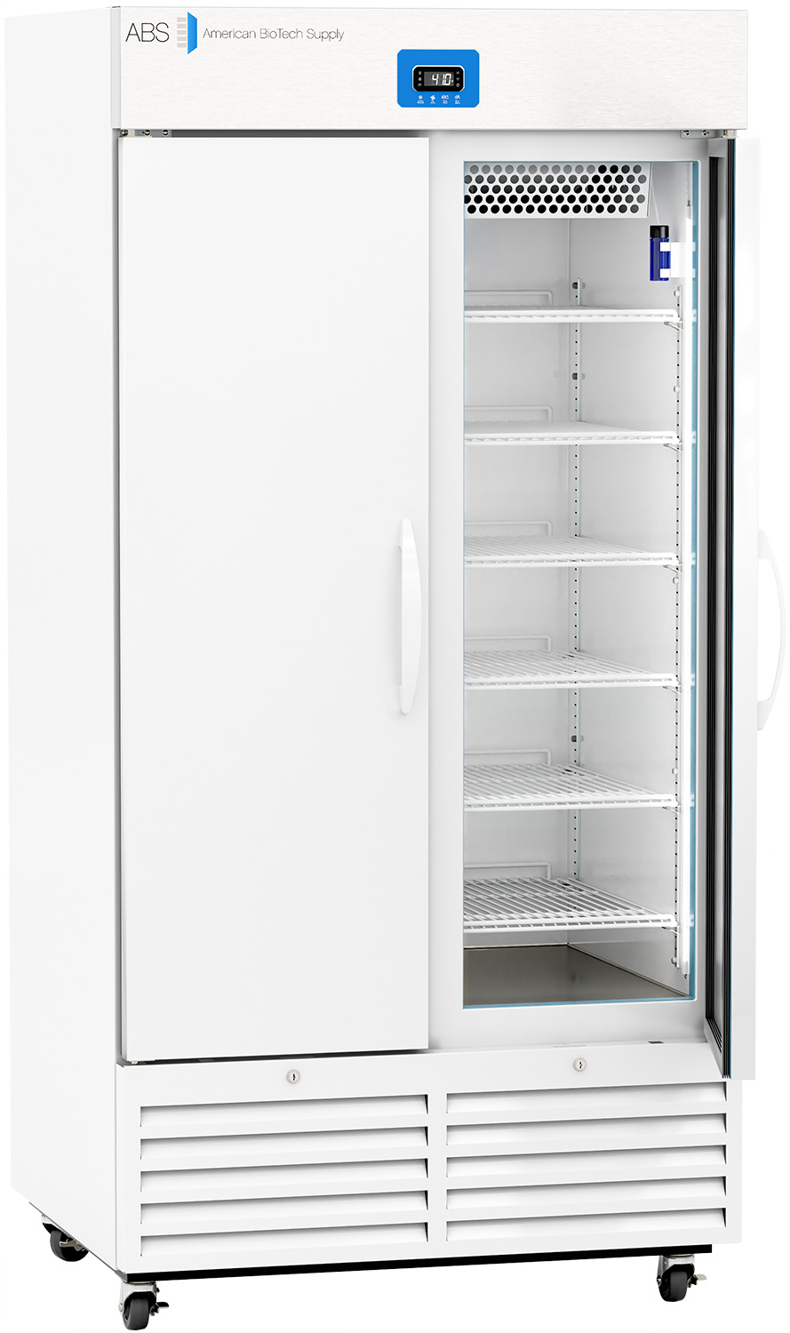 A tall white laboratory refrigerator with two doors: one solid, one glass. The glass door is open, showing multiple empty white wire shelves inside. The front panel displays a digital temperature readout. The unit is on wheels.