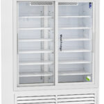 A large, white medical refrigerator with glass sliding doors, labeled “Med Fridge.” The fridge is on wheels, has multiple adjustable shelves inside, and an electronic temperature display at the top. The interior is empty and well-lit.