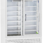 A large, white, glass-door medical refrigerator with several empty shelves inside. The unit is on wheels, displays a digital temperature readout at the top, and has Med Fridge labeled on the front right door. Vents are visible below the glass doors.