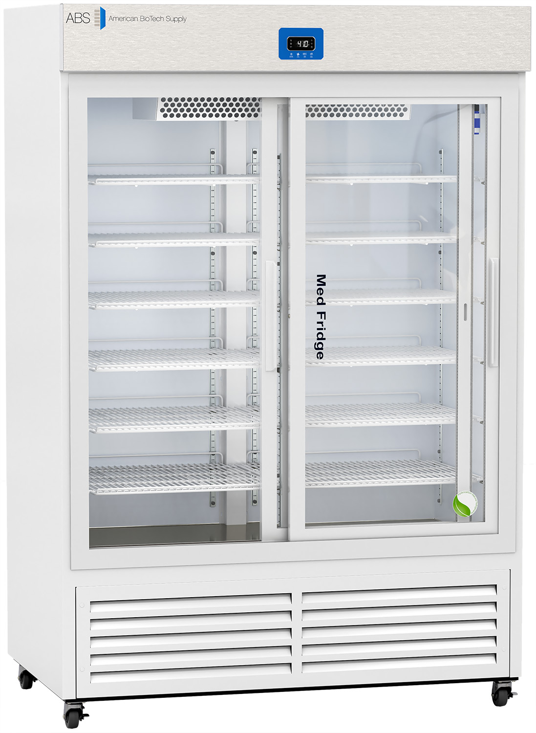 A large, white, glass-door medical refrigerator with several empty shelves inside. The unit is on wheels, displays a digital temperature readout at the top, and has Med Fridge labeled on the front right door. Vents are visible below the glass doors.