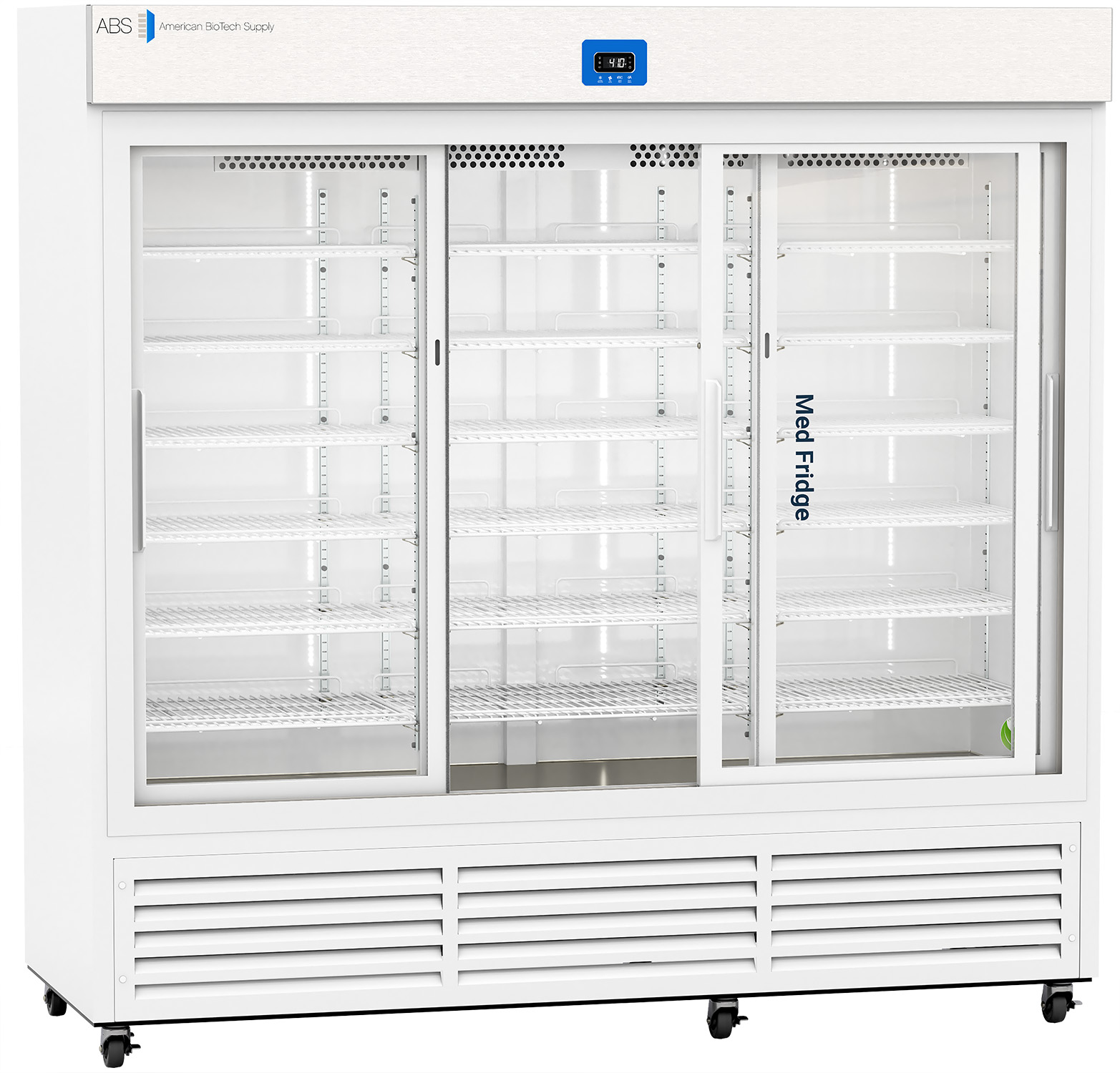A large, white commercial refrigerator with three clear sliding glass doors and multiple empty wire shelves inside. An electronic temperature display is on top, and Med Fridge is labeled on the central door. The bottom section has ventilation grilles.