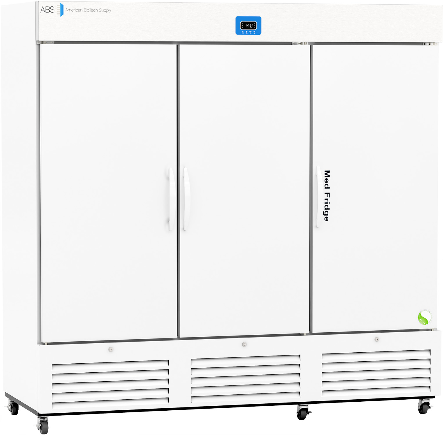 A large, white, three-door medical refrigerator with handles, a digital temperature display, and labeled Med Fridge. The exterior has vents at the bottom and a small green symbol on the lower right door. The design is modern and industrial.