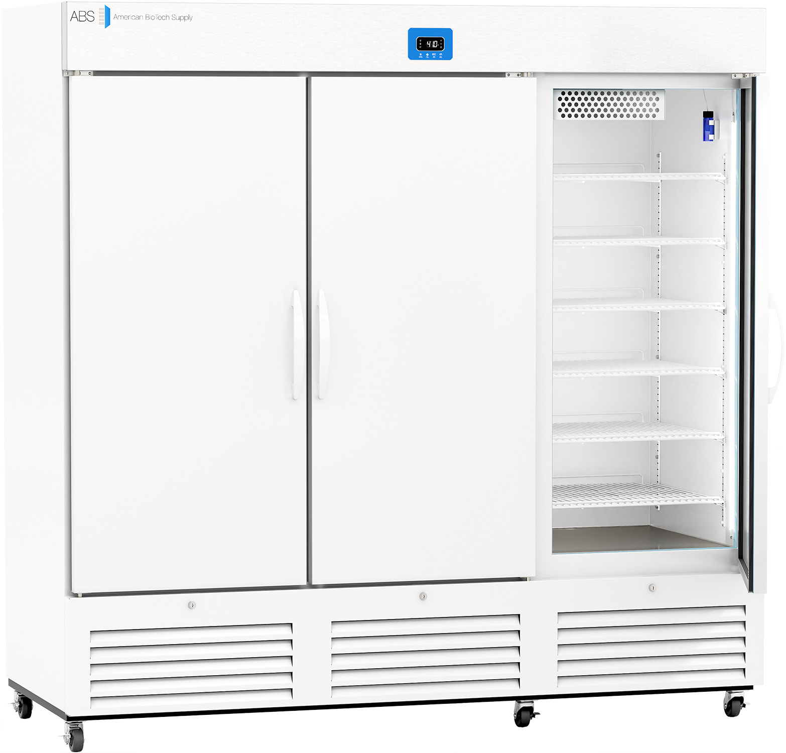 A large, white, commercial refrigerator with three sections; the rightmost door is open, revealing multiple empty shelves inside. A digital temperature display is centered above the doors. The unit stands on caster wheels.