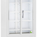 A tall, white laboratory refrigerator with glass sliding doors, digital temperature display, multiple adjustable wire shelves inside, and caster wheels underneath. The brand name “American BioTech Supply” and “Med- Fridge” text are visible on the front.