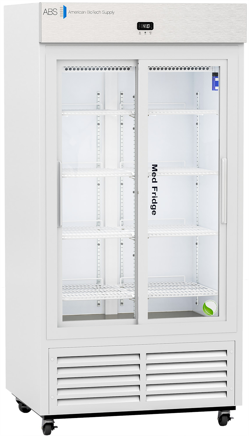 A tall, white laboratory refrigerator with glass sliding doors, digital temperature display, multiple adjustable wire shelves inside, and caster wheels underneath. The brand name “American BioTech Supply” and “Med- Fridge” text are visible on the front.