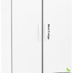 A tall, white, double-door medical refrigerator with handles, a digital display panel at the top, ventilation grilles at the bottom, wheels, and the label Med Fridge on the right door. The brand American BioTech Supply is visible on top.