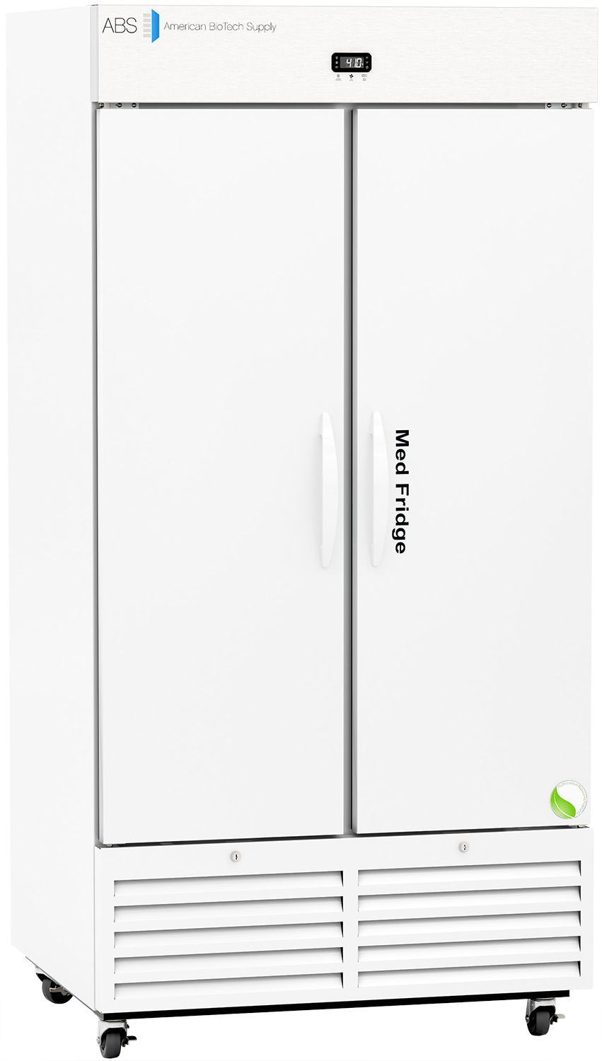 A tall, white, double-door medical refrigerator with handles, a digital display panel at the top, ventilation grilles at the bottom, wheels, and the label Med Fridge on the right door. The brand American BioTech Supply is visible on top.