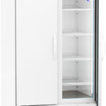 A tall, white commercial refrigerator labeled “ABS American BioTech Supply” with a digital temperature display, five wire shelves, glass door on the right, solid door on the left, side handles, and ventilation grilles at the bottom, set on wheels.