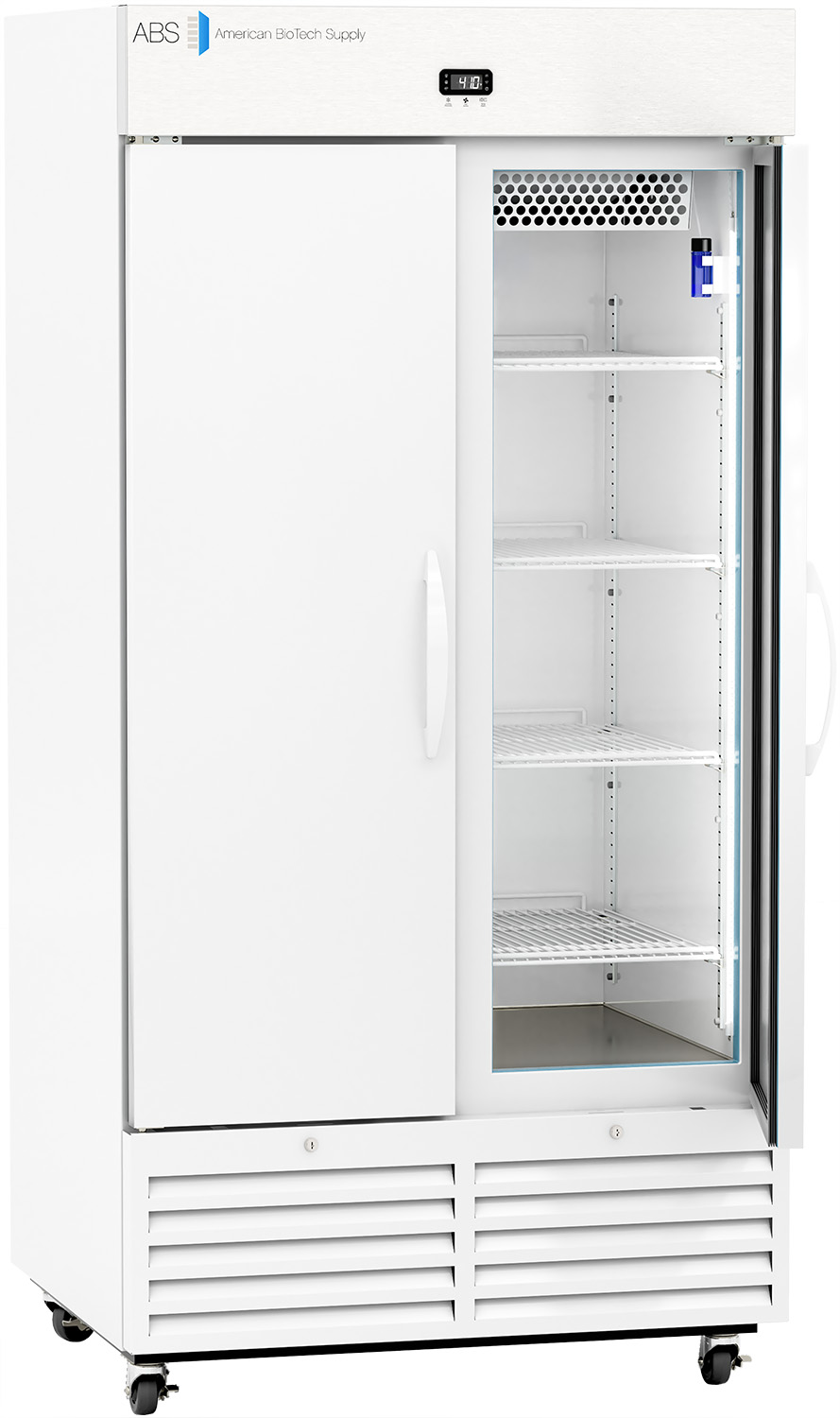 A tall, white commercial refrigerator labeled “ABS American BioTech Supply” with a digital temperature display, five wire shelves, glass door on the right, solid door on the left, side handles, and ventilation grilles at the bottom, set on wheels.