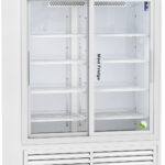 A large, white commercial refrigerator with glass sliding doors, five adjustable wire shelves, and digital temperature display. The label reads “Med Fridge.” The interior is empty, and the unit has ventilation grilles at the bottom with casters for mobility.