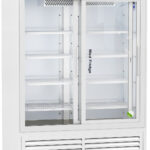 A white, commercial glass-door refrigerator labeled “Med Fridge” with five empty shelves inside, a digital temperature display above the doors, and ventilation grilles at the bottom. The fridge is clean and unused, with clear labeling and brand markings.