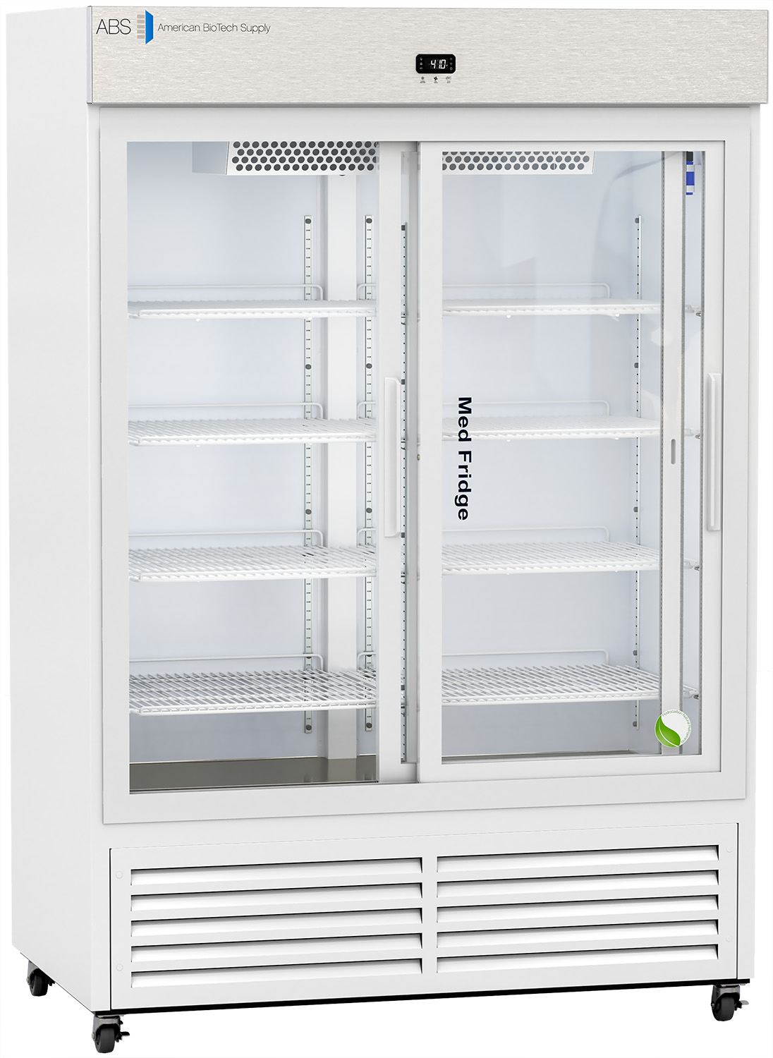 A white, commercial glass-door refrigerator labeled “Med Fridge” with five empty shelves inside, a digital temperature display above the doors, and ventilation grilles at the bottom. The fridge is clean and unused, with clear labeling and brand markings.
