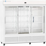 A large, white commercial refrigerator with three sliding glass doors. The fridge is empty, showing multiple adjustable metal shelves inside. The top displays “American BioTech Supply” and a small digital temperature display. The front is labeled Med Fridge.