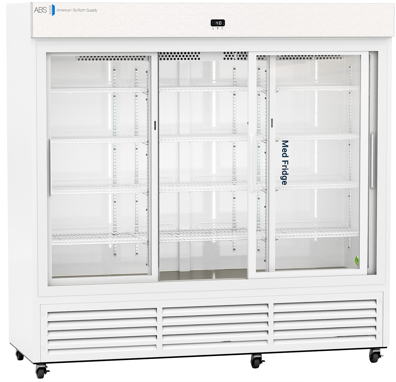 A large, white commercial refrigerator with three sliding glass doors. The fridge is empty, showing multiple adjustable metal shelves inside. The top displays “American BioTech Supply” and a small digital temperature display. The front is labeled Med Fridge.
