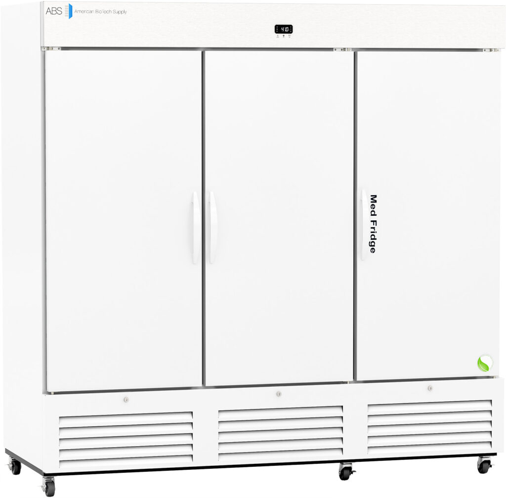 A large, white, three-door medical refrigerator on wheels with vents at the bottom, handles on the central doors, a small digital display above the middle door, and the words “Med Fridge” printed vertically on the right door.