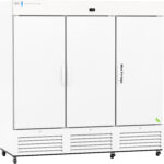 A large, white, three-door medical refrigerator on wheels with vents at the bottom, handles on the central doors, a small digital display above the middle door, and the words “Med Fridge” printed vertically on the right door.