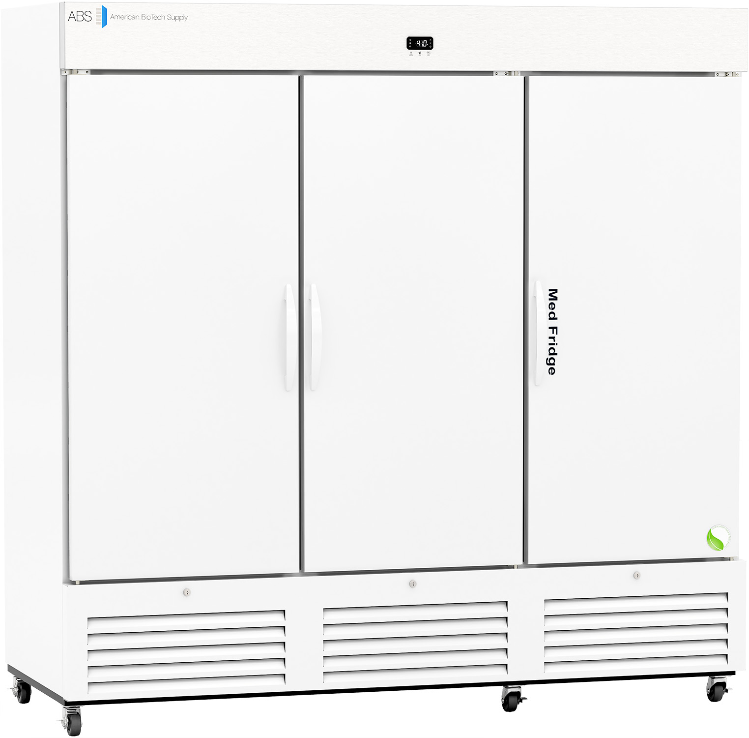 A large, white, three-door medical refrigerator on wheels with vents at the bottom, handles on the central doors, a small digital display above the middle door, and the words “Med Fridge” printed vertically on the right door.