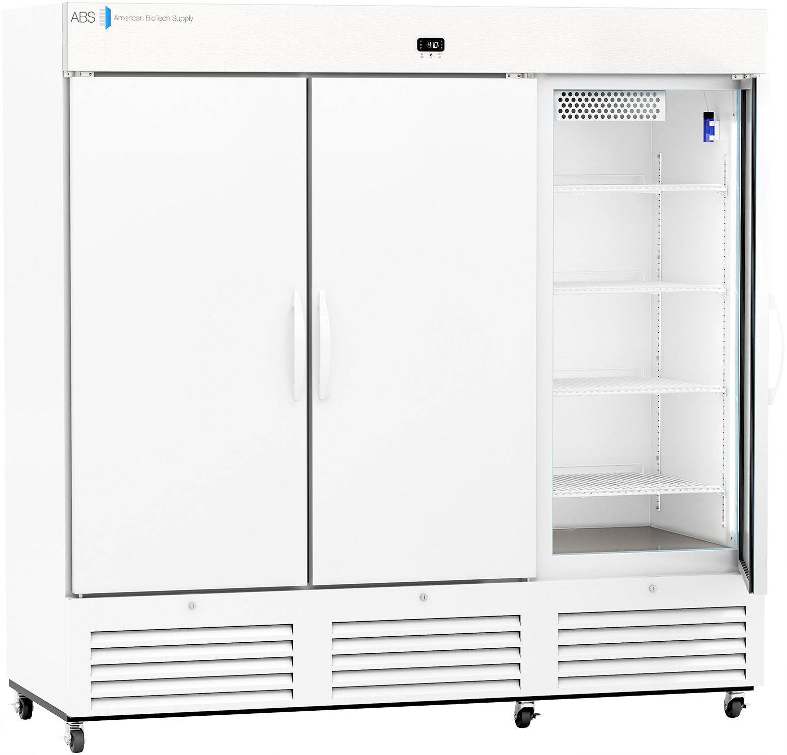 Large, white commercial refrigerator on wheels with three vertical doors; the right door is open, revealing empty adjustable shelves inside. A digital temperature display is centered above the doors, and vents run along the bottom.