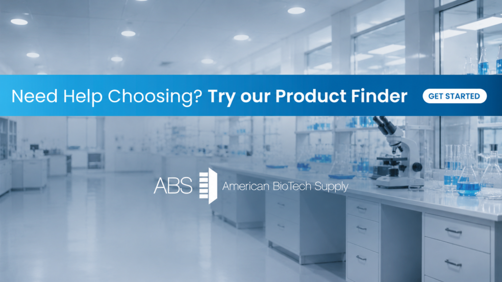 A modern laboratory with bright lighting, lab equipment, and glassware. A blue banner across the image reads, “Need Help Choosing? Try our Product Finder,” with a “Get Started” button. ABS and American BioTech Supply logos are at the bottom.