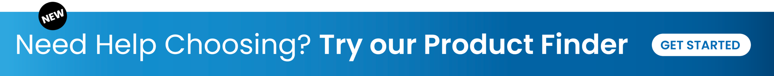 A blue banner with a black circle labeled NEW and white text reading Need Help Choosing? Try our Product Finder for cold storage solutions. A white button on the right says GET STARTED in blue.