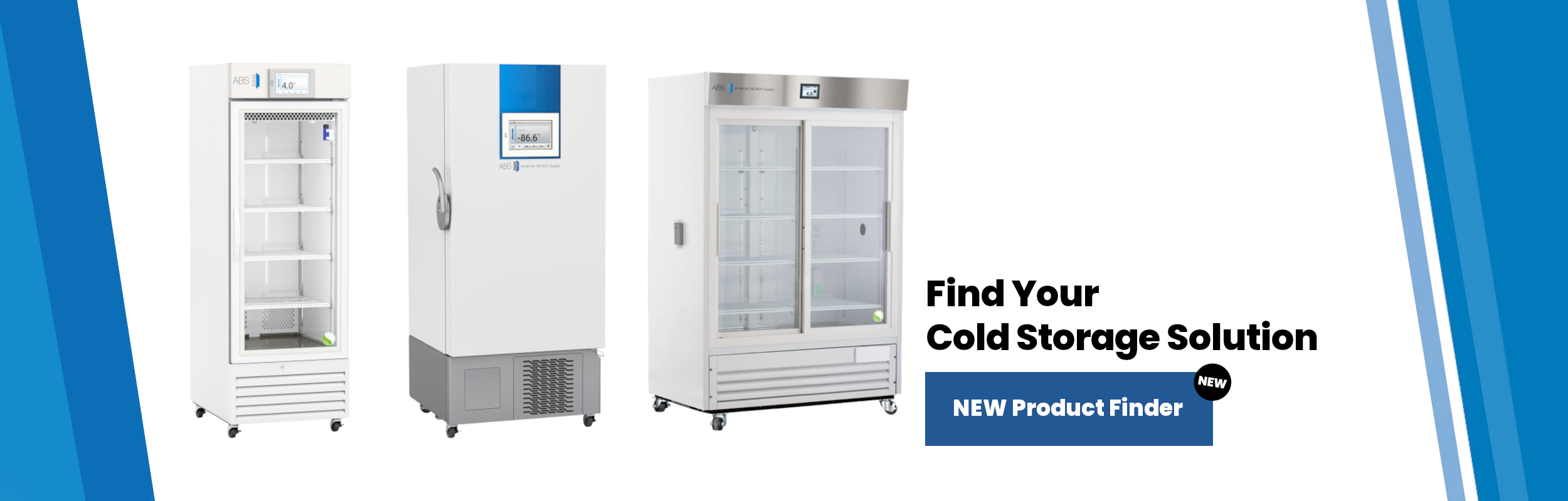 Three upright cold storage units on wheels stand side by side on a white background. To the right, black text reads Find Your Cold Storage Solutions above a blue button labeled NEW Product Finder with a small black circle saying NEW. Blue stripes border the left and right edges.