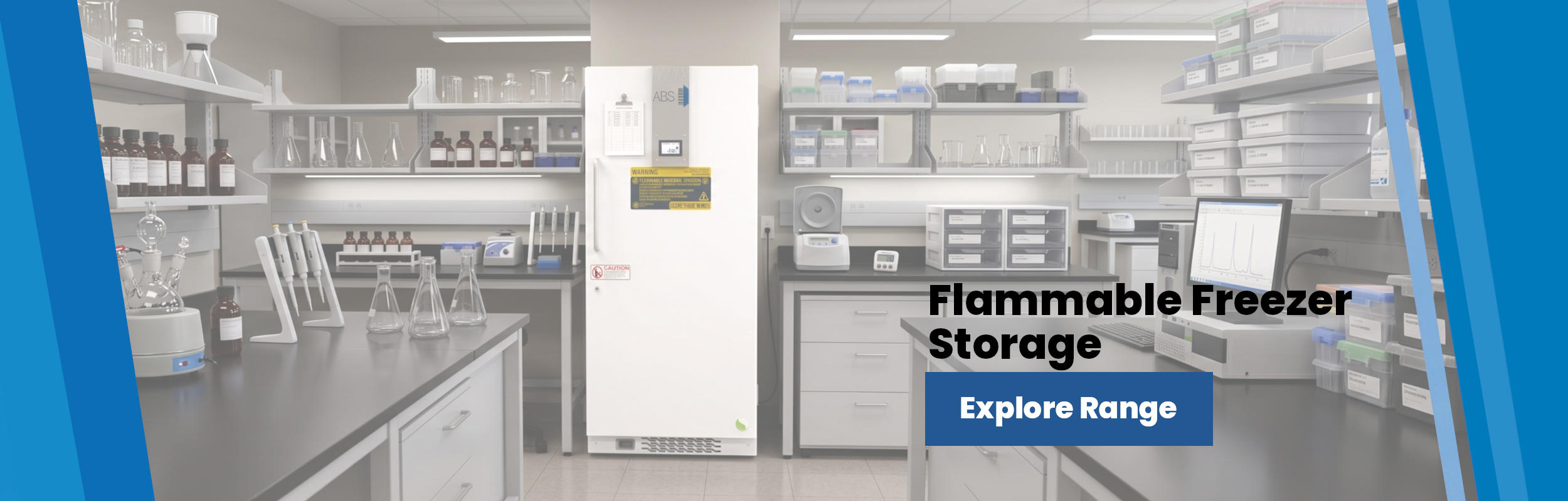 A modern laboratory with shelves, equipment, and glassware. A large white freezer labeled for flammable storage stands center, showcasing advanced cold storage solutions. “Flammable Freezer Storage” and “Explore Range” appear on a blue button with blue stripes framing each side.