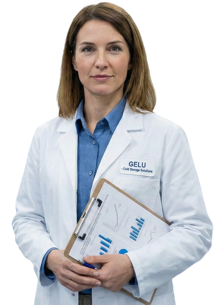 A woman in a white lab coat holding a clipboard with charts and graphs. She has shoulder-length brown hair and wears a blue shirt. The lab coat has a name tag labeled “GELU Cold Storage Solutions.” She stands against a plain white background.