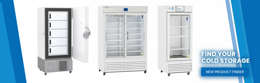 Three types of laboratory refrigerators and freezers stand side by side against a white background. On the right, blue text reads “Find your cold storage solutions” above a blue button labeled “New Product Finder.” Blue stripes frame the image.