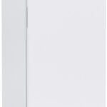 A tall, white upright laboratory freezer with a vertical handle. At the top, there is a digital display with the temperature reading and the “ABS American BioTech Supply” logo. The bottom right has a small green leaf symbol.