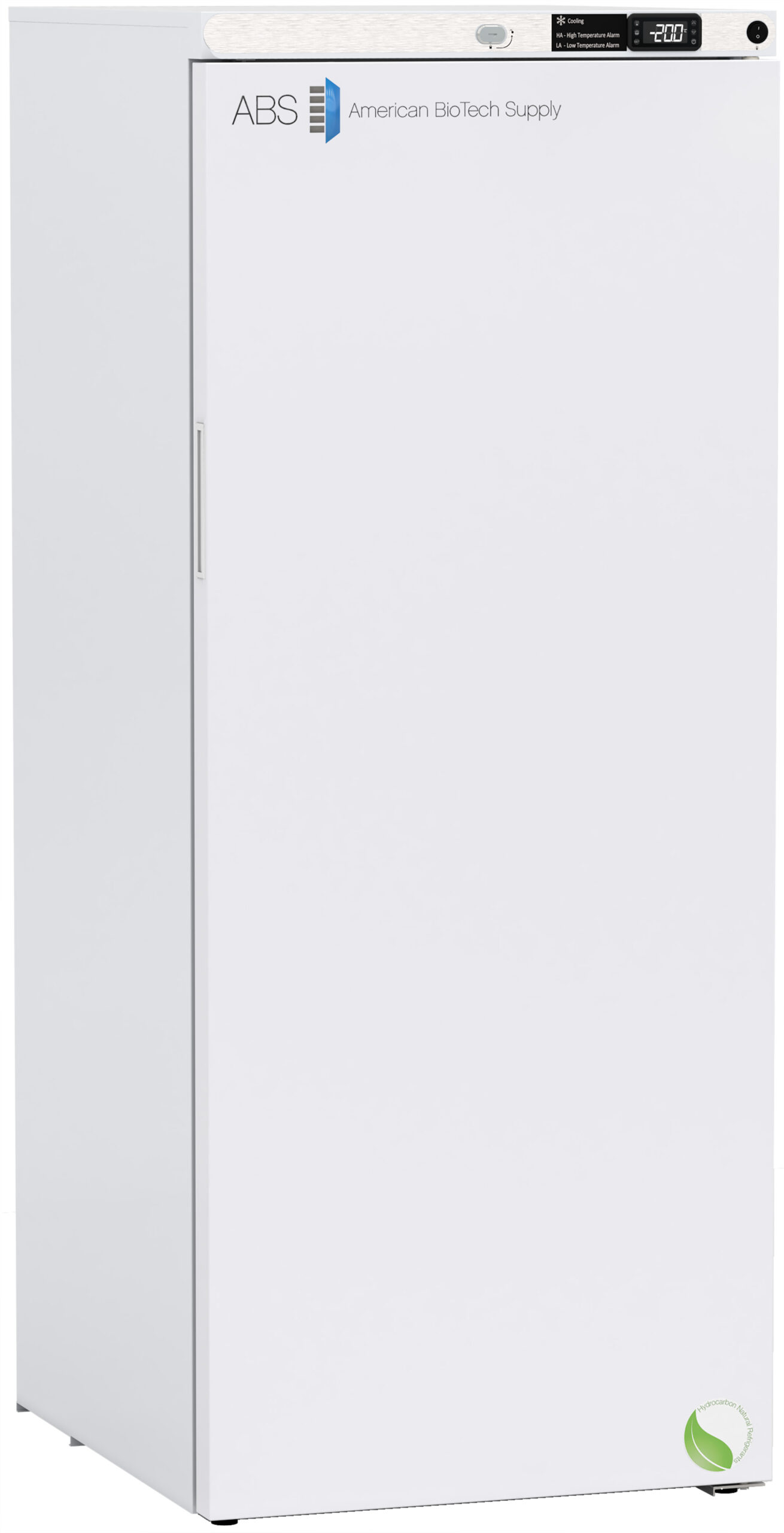A tall, white upright laboratory freezer with a vertical handle. At the top, there is a digital display with the temperature reading and the “ABS American BioTech Supply” logo. The bottom right has a small green leaf symbol.