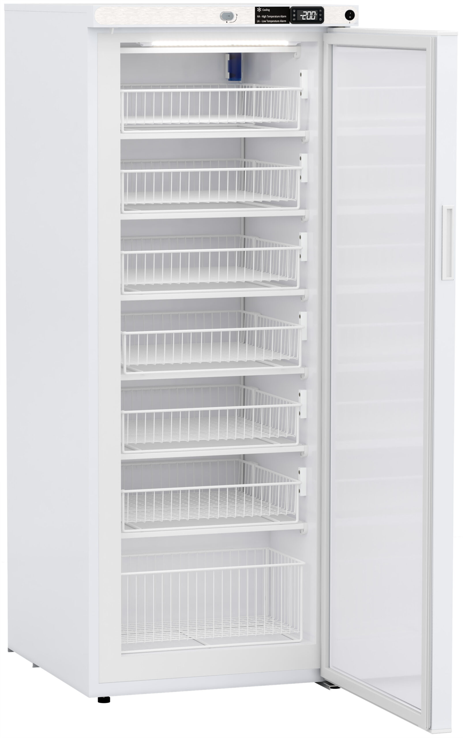 A tall, white medical refrigerator with a transparent door is open, revealing seven metal wire shelves inside. The top right displays a digital temperature panel. The fridge stands on short legs against a white background.