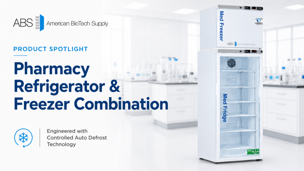 A white pharmacy refrigerator and freezer combo stands in a lab. The freezer is at the top, labeled Med Freezer, Text highlights: Pharmacy Refrigerator Freezer Combination with controlled auto defrost by American BioTech Supply.