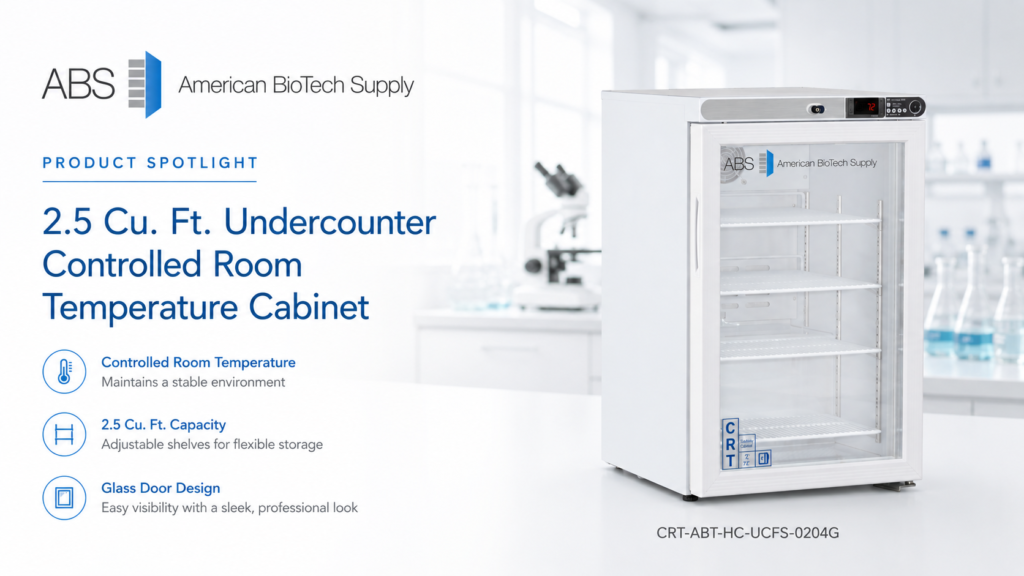 White undercounter temperature-controlled cabinet with glass door, digital display, and adjustable shelves. Blue icons highlight features: controlled room temperature, 2.5 cu. ft. capacity, and glass door design. ABS American BioTech Supply logo on top left. CRT-ABT-HC-UCFS-0204G