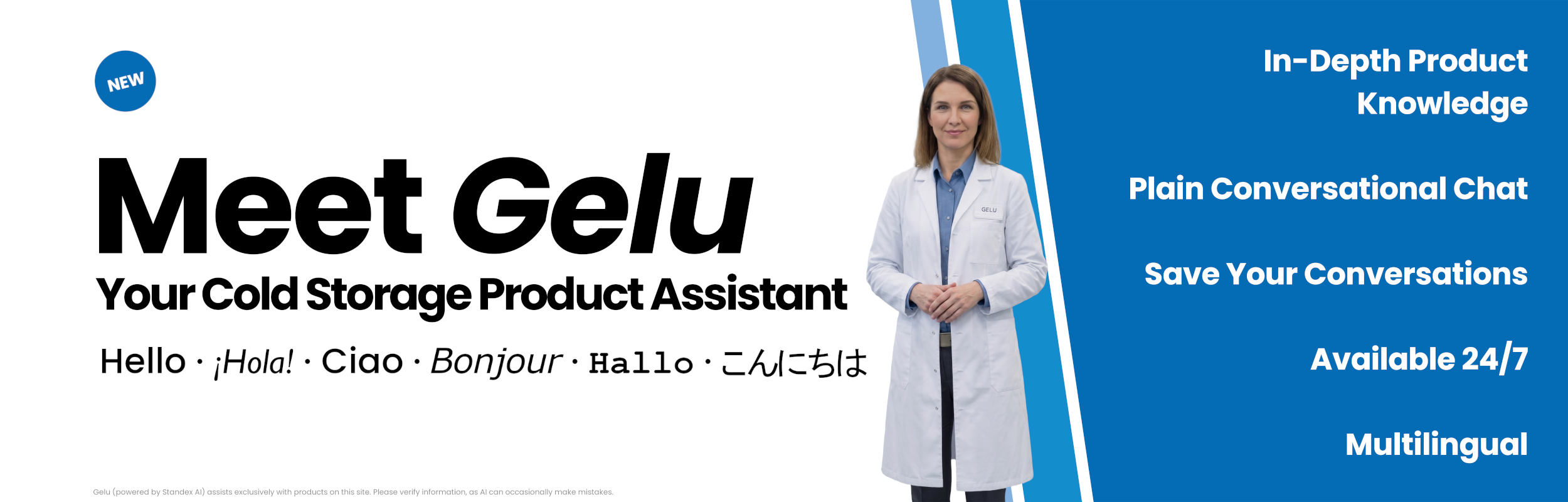 A woman in a white lab coat stands holding a clipboard. Text reads: Meet Gelu, Your Cold Storage Product Assistant for cold storage solutions, with greetings in various languages. Blue panel highlights 24/7 availability, multilingual chat, and expert knowledge.