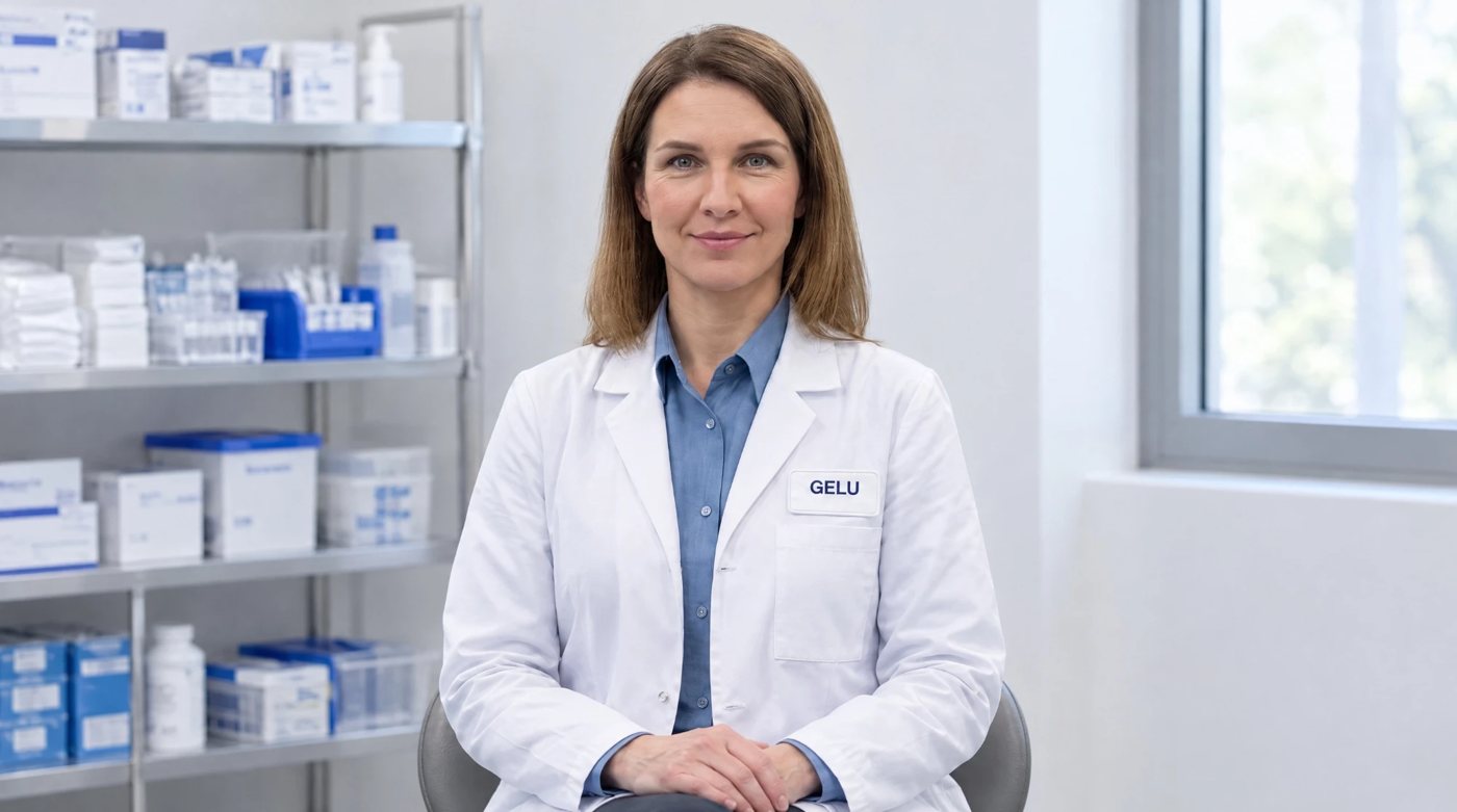 Gelu, the American Biotech Supply product assistant, in a pharmacy