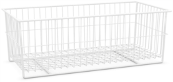A rectangular, white wire storage basket with a grid pattern on the bottom and vertical bars on the sides. The basket is empty and sits on a plain, light background. The design is minimalist and open, allowing visibility and airflow.