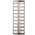 A tall, rectangular, metallic structure with open sides and evenly spaced horizontal slats, resembling a modern industrial shelving unit or storage rack, stands upright against a plain white background.