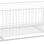 A rectangular white wire basket with an open top and grid-like sides and bottom. The simple, sturdy structure is made of thin metal rods, suitable for storage or organization. The basket is empty and sits on a white background.