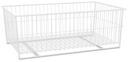 A rectangular white wire basket with an open top and grid-like sides and bottom. The simple, sturdy structure is made of thin metal rods, suitable for storage or organization. The basket is empty and sits on a white background.