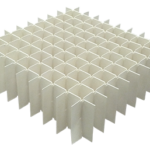 A square piece of white paper honeycomb with a grid-like structure, consisting of many evenly spaced, intersecting vertical and horizontal walls, forming small rectangular cells in a geometric pattern. The background is transparent.