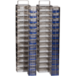 Three tall, transparent storage racks with metal handles on top, each containing multiple small drawers. Most drawers are clear; a few in the middle rack are blue. The racks are aligned side by side against a plain background.