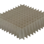 A square, white plastic grid structure with evenly spaced vertical and horizontal slats, forming a pattern of open, box-like cells. The grid is three-dimensional and appears to be designed for organization or separation purposes.
