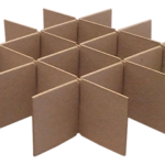 A cardboard grid divider with intersecting vertical and horizontal panels forming rectangular compartments; the brown dividers are arranged evenly, creating a crisscross pattern against a white background.