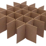A brown cardboard grid divider with vertical and horizontal slats intersecting to form individual square compartments, designed for separating and protecting items inside a box. The grid is viewed at an angle on a white background.