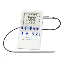 A digital thermometer with a probe functions as a temperature monitoring data logger, displaying -63.82°C, 83.98°C, and 63.92°C. The white device is labeled TRACEABLE EXCURSION-TRAC and features several buttons with a metallic probe on a black cable.