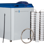 A laboratory freezer labeled ABS American BioTech Supply with a blue lid, digital control panel, gloves on top, a coiled hose, a black cable, and two tall metal racks with multiple compartments, all set against a white background.