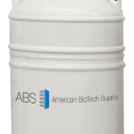 A white, cylindrical cryogenic storage tank with a black lid and handle. The side displays the logo and text: ABS American BioTech Supply, with a blue and gray vertical bar graphic between ABS and the company name.